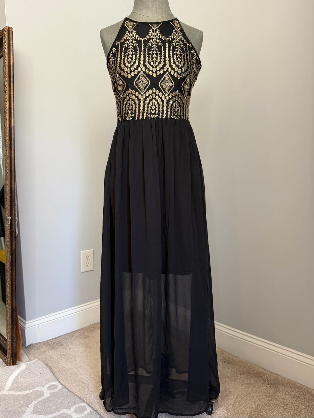 Altar'd State Black Maxi Dress with Gold Embroidered Bodice